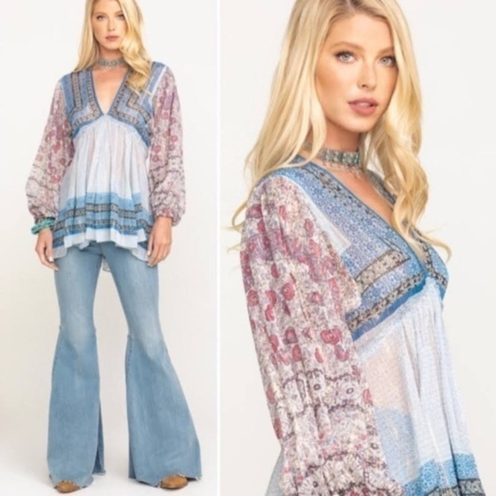 FREE PEOPLE Aliyah BOHO IN BLUE/MULTI SZ M METALLIC THREAD BELL SLEEVE RARE